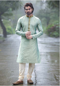 Light Cyan with Cream Color Silk Kurta Set